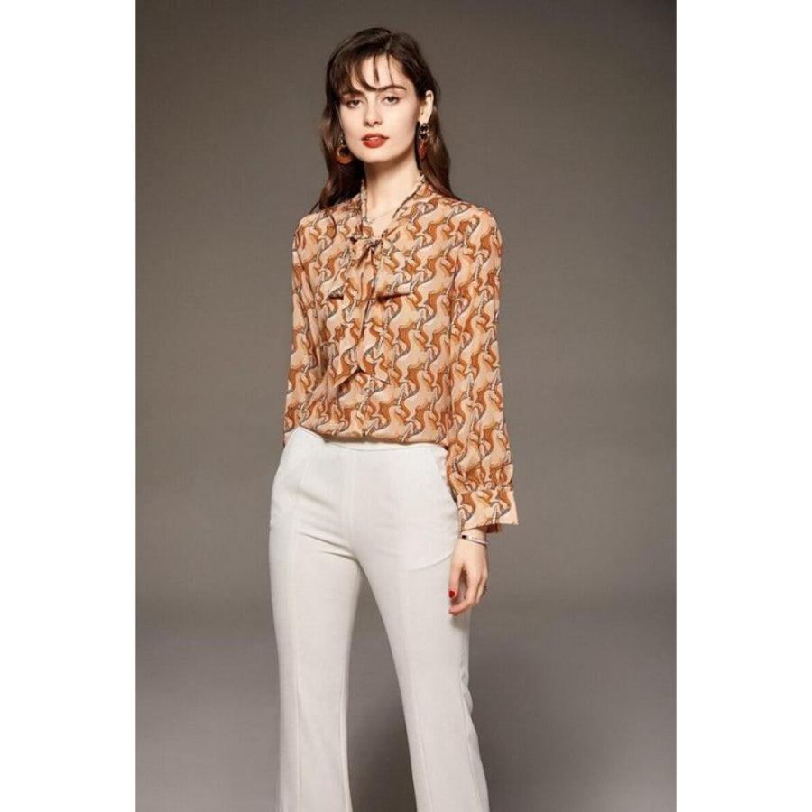 100% Silk Women's Shirt Lace Up Bow Collar Long Sleeves Animals Cartoons Printed Fashion Casual Blouse Tops