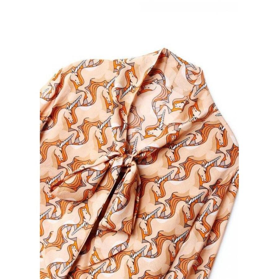 100% Silk Women's Shirt Lace Up Bow Collar Long Sleeves Animals Cartoons Printed Fashion Casual Blouse Tops