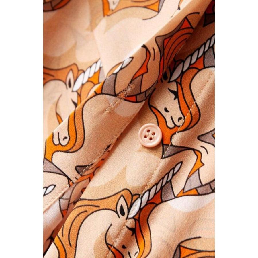 100% Silk Women's Shirt Lace Up Bow Collar Long Sleeves Animals Cartoons Printed Fashion Casual Blouse Tops