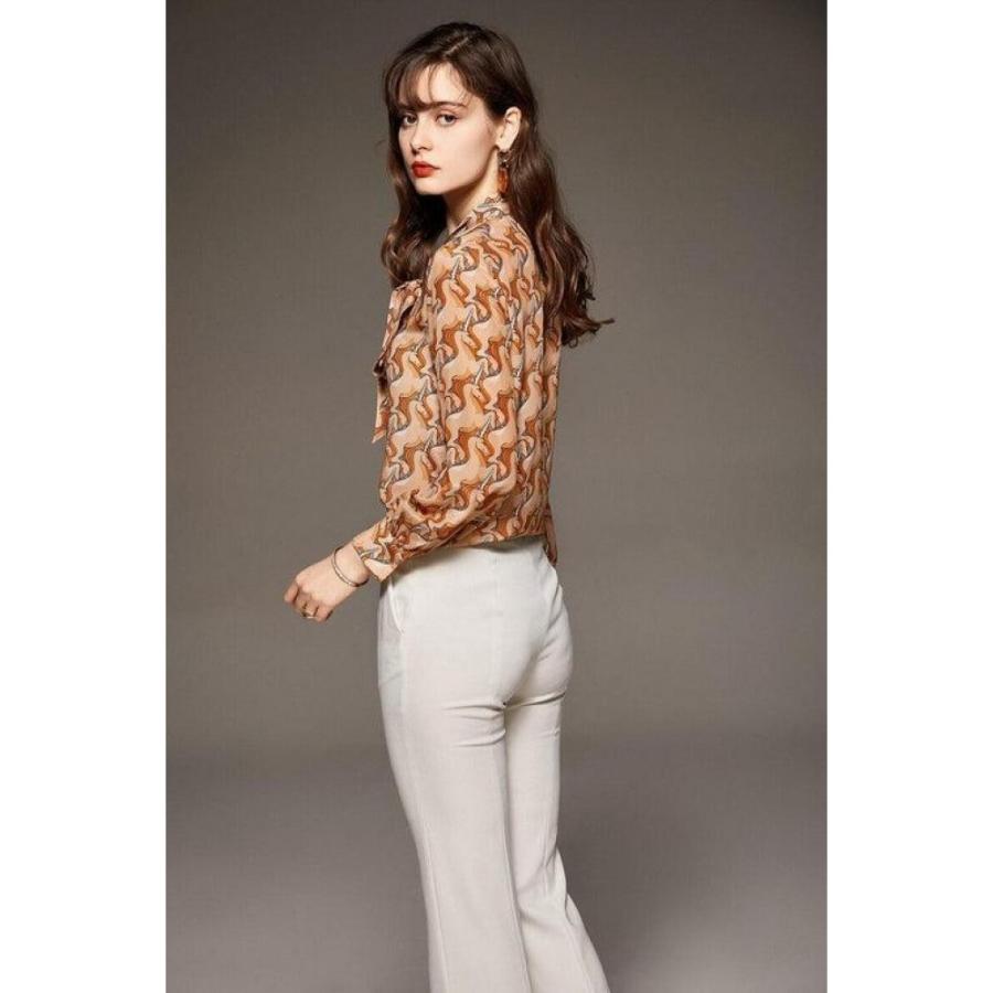 100% Silk Women's Shirt Lace Up Bow Collar Long Sleeves Animals Cartoons Printed Fashion Casual Blouse Tops