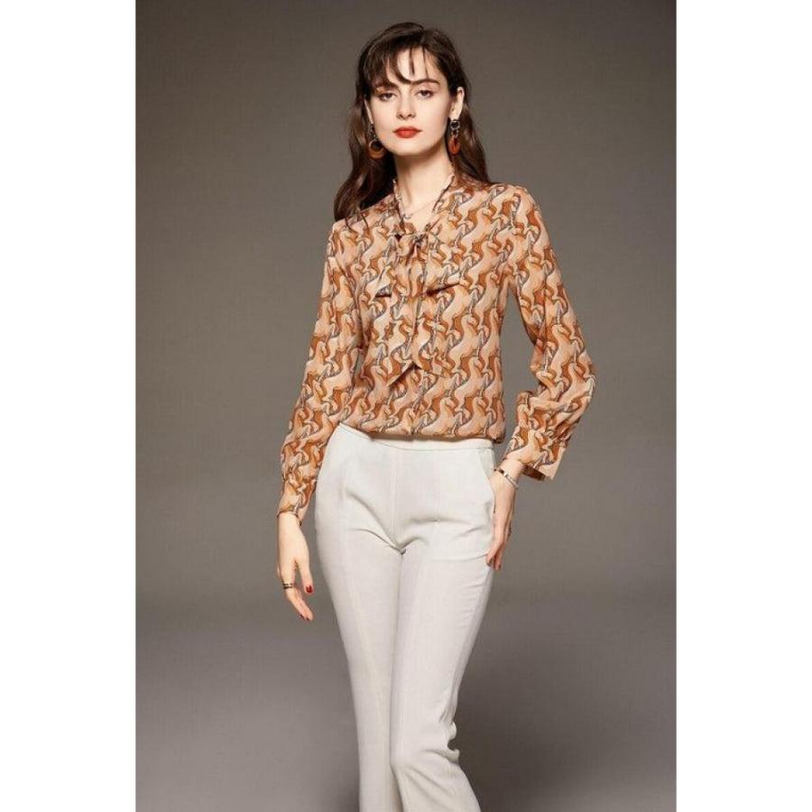 100% Silk Women's Shirt Lace Up Bow Collar Long Sleeves Animals Cartoons Printed Fashion Casual Blouse Tops