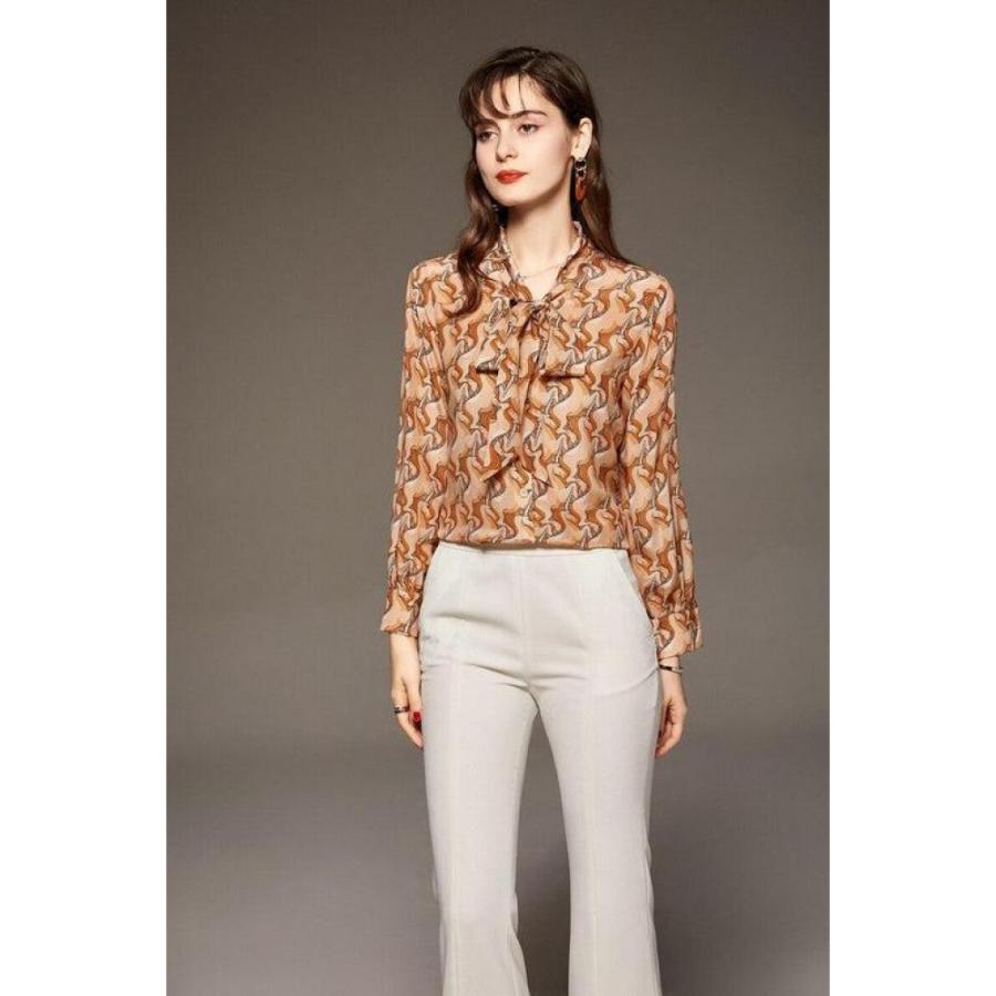 100% Silk Women's Shirt Lace Up Bow Collar Long Sleeves Animals Cartoons Printed Fashion Casual Blouse Tops