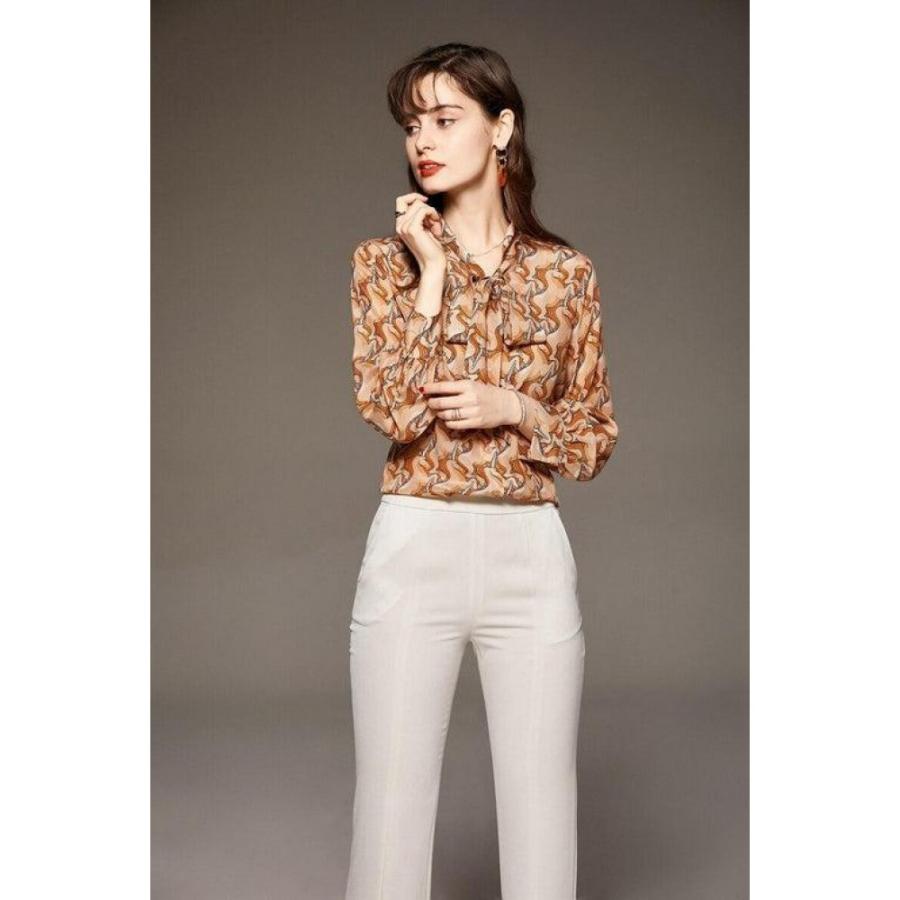 100% Silk Women's Shirt Lace Up Bow Collar Long Sleeves Animals Cartoons Printed Fashion Casual Blouse Tops