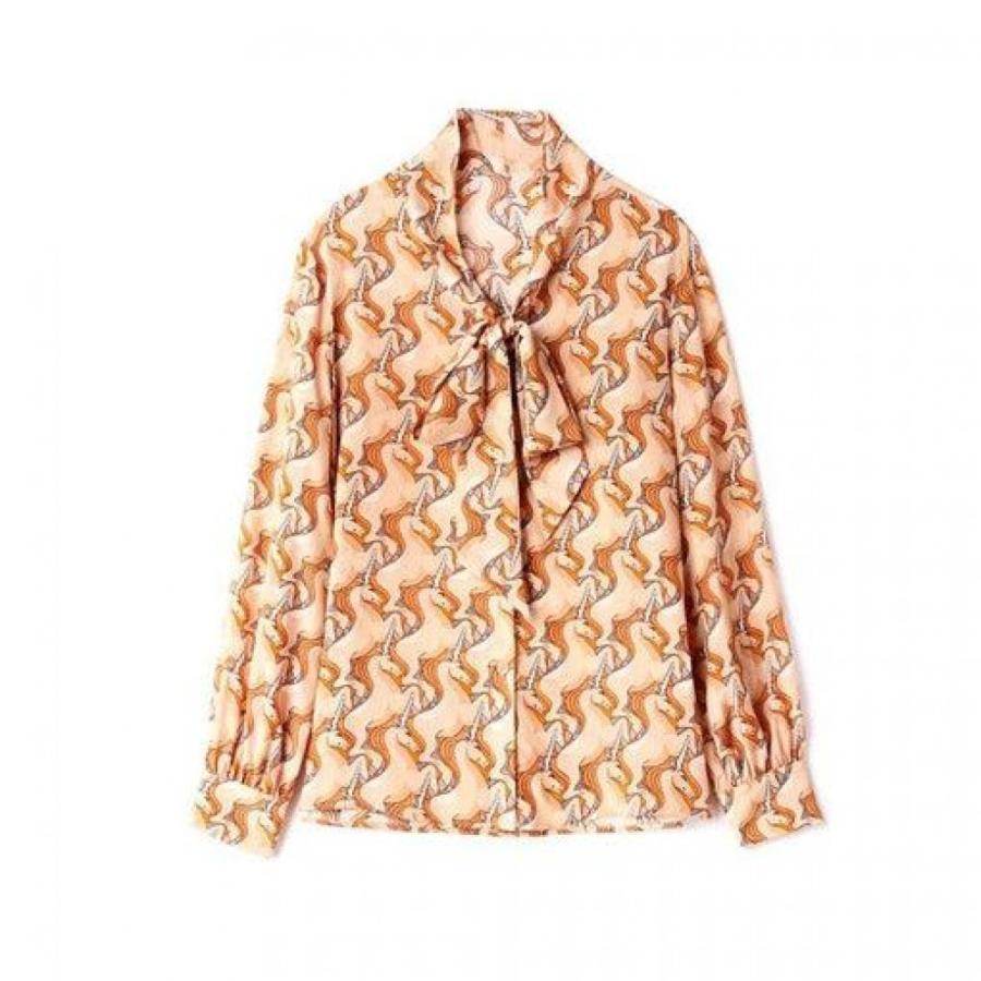 100% Silk Women's Shirt Lace Up Bow Collar Long Sleeves Animals Cartoons Printed Fashion Casual Blouse Tops