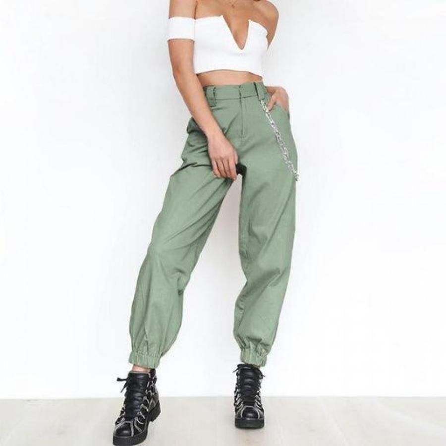 2018 Summer Thin Cargo Pants With Chains Women High Waist Ankle-Length Pants Cool Street Female Trousers Casual Khaki Pants