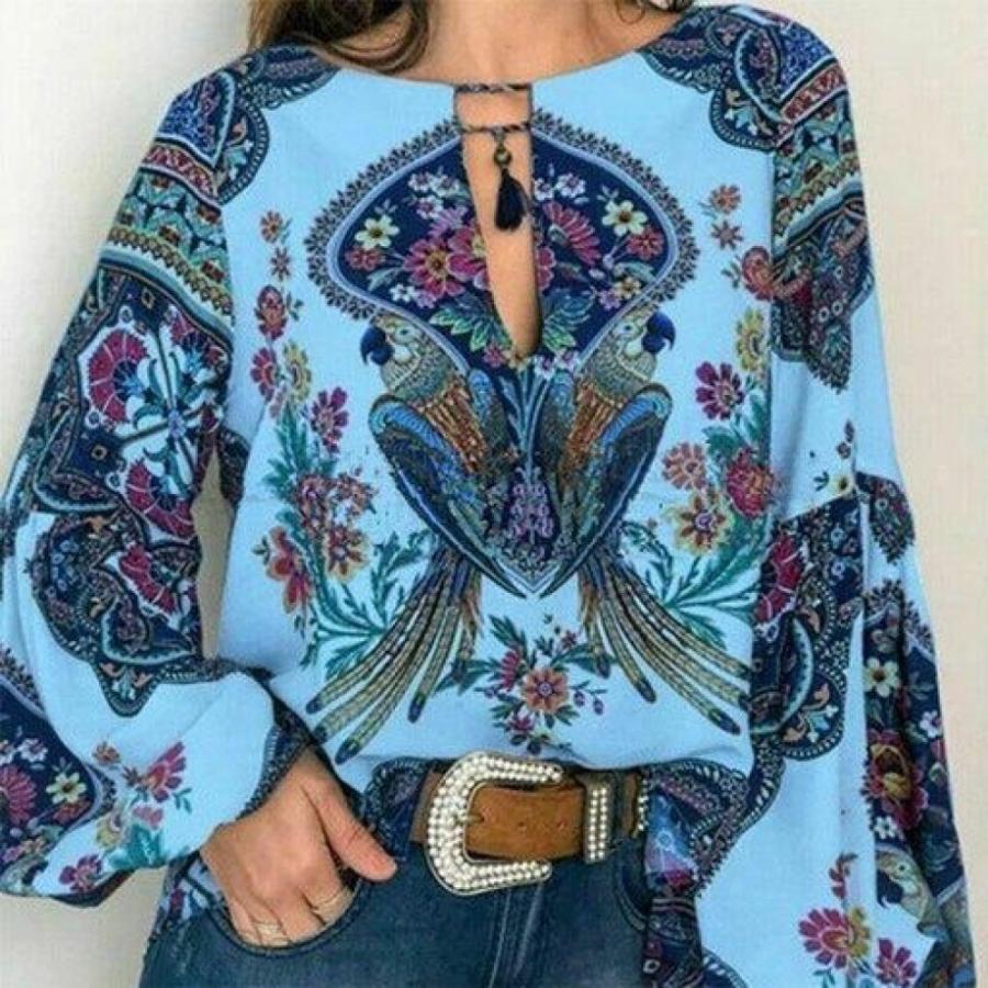 2019 Fashion Women Lady Boho Floral V-Neck Long Sleeve T-Shirts Summer Autumn Casual Loose Tops Plus Size
