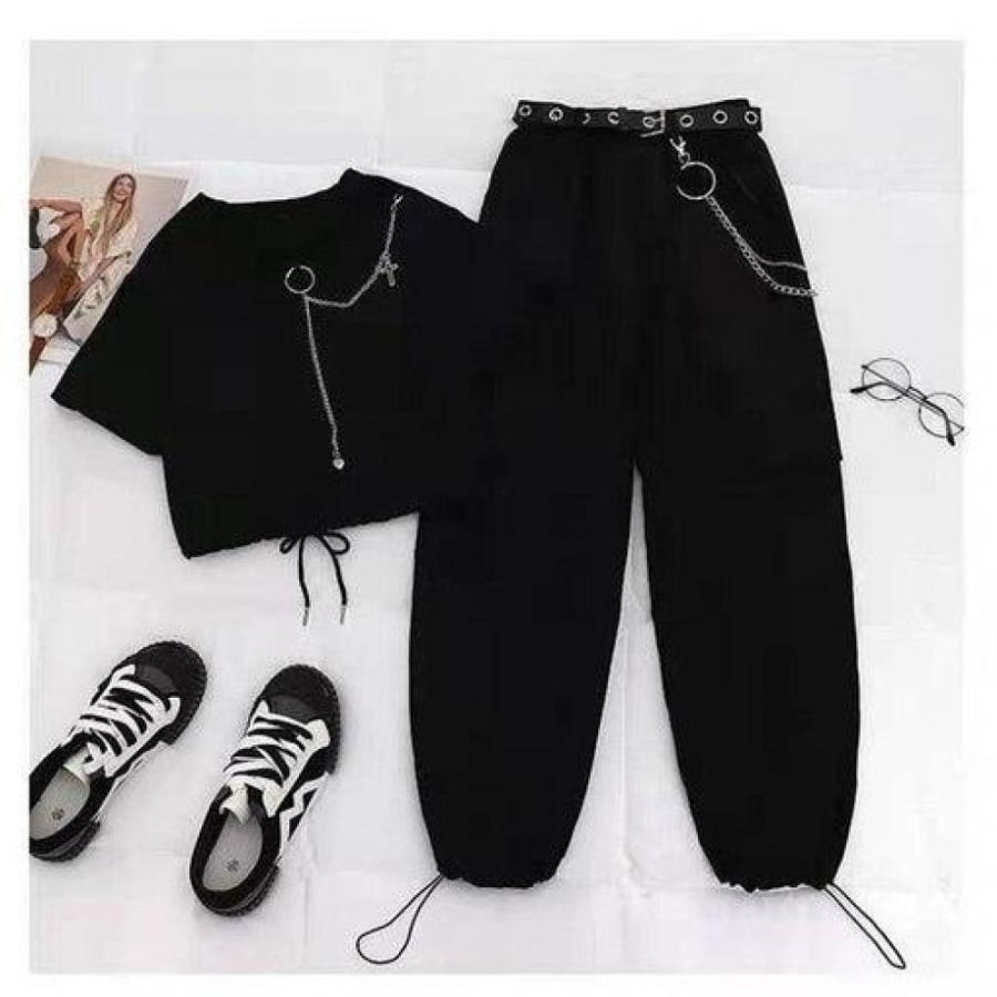 Buckle Ribbon Pocket Cargo Pants Elastic Waist High Chain Jogger Streetwear 2 Piece Suit Women