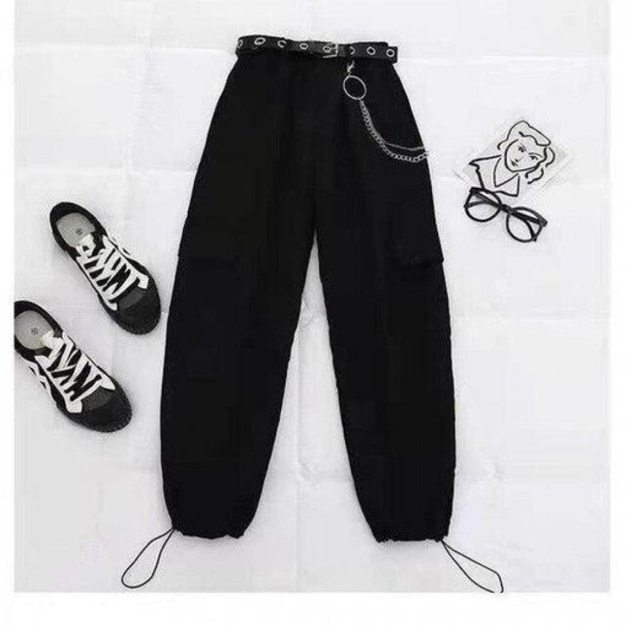 Buckle Ribbon Pocket Cargo Pants Elastic Waist High Chain Jogger Streetwear 2 Piece Suit Women