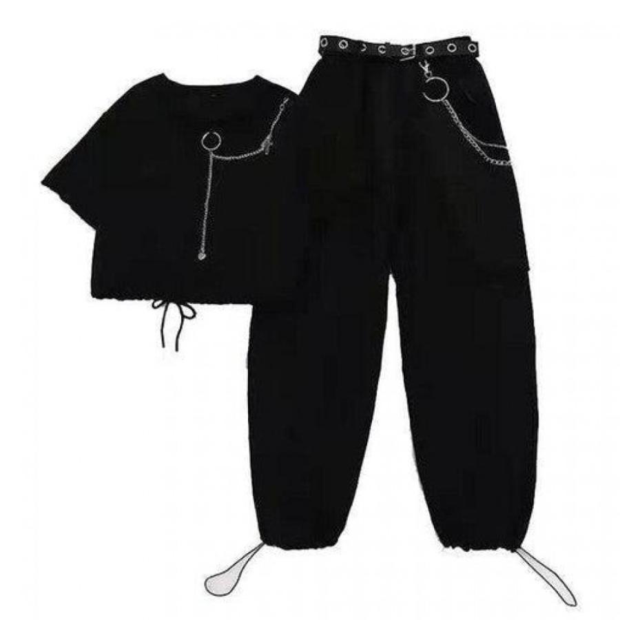 Buckle Ribbon Pocket Cargo Pants Elastic Waist High Chain Jogger Streetwear 2 Piece Suit Women