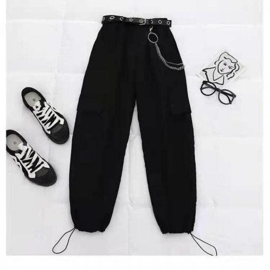 Buckle Ribbon Pocket Cargo Pants Elastic Waist High Chain Jogger Streetwear 2 Piece Suit Women