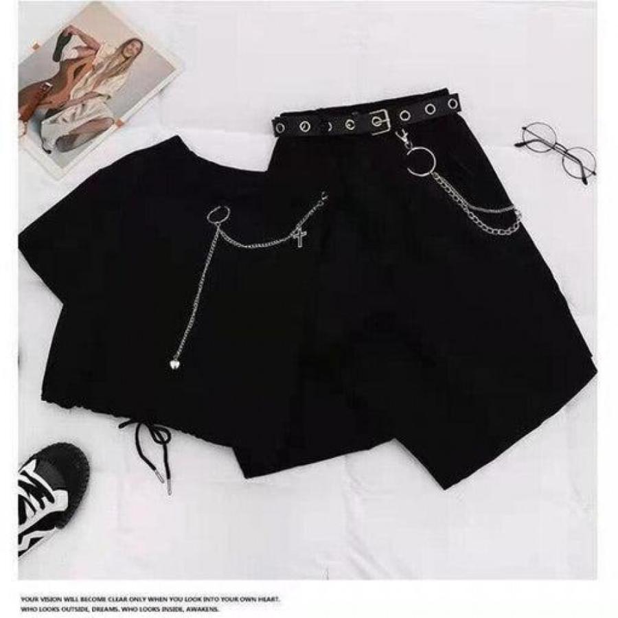 Buckle Ribbon Pocket Cargo Pants Elastic Waist High Chain Jogger Streetwear 2 Piece Suit Women