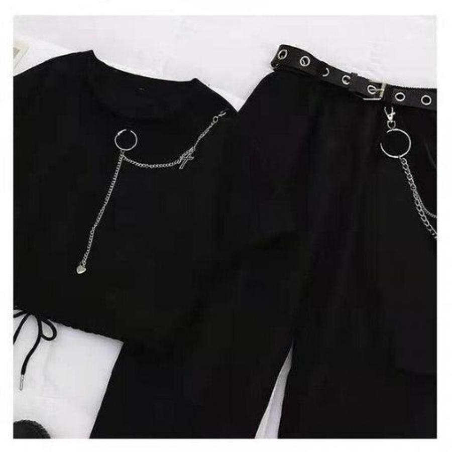 Buckle Ribbon Pocket Cargo Pants Elastic Waist High Chain Jogger Streetwear 2 Piece Suit Women