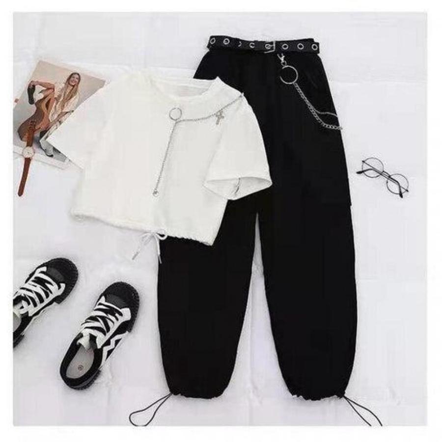 Buckle Ribbon Pocket Cargo Pants Elastic Waist High Chain Jogger Streetwear 2 Piece Suit Women