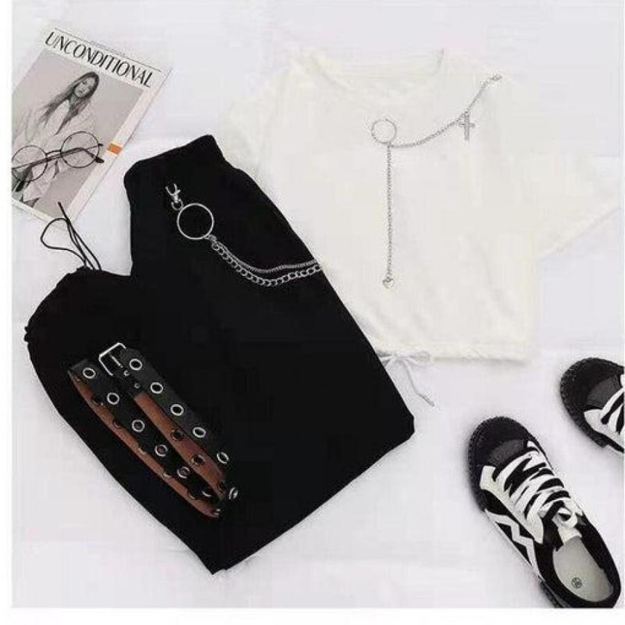 Buckle Ribbon Pocket Cargo Pants Elastic Waist High Chain Jogger Streetwear 2 Piece Suit Women