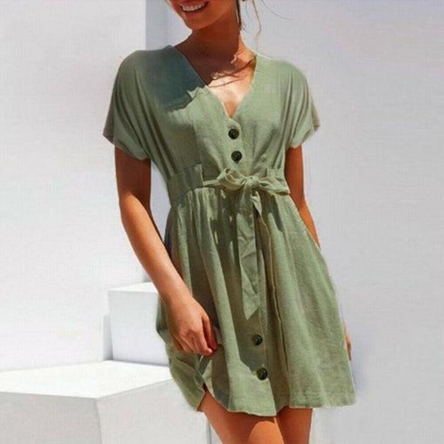 Fashion Women Boho Cotton Linen Sundress Ladies Summer Short Sleeve Holiday Beach Button Loose Solid Short Dress