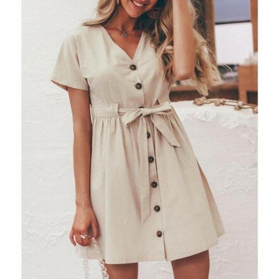 Fashion Women Boho Cotton Linen Sundress Ladies Summer Short Sleeve Holiday Beach Button Loose Solid Short Dress