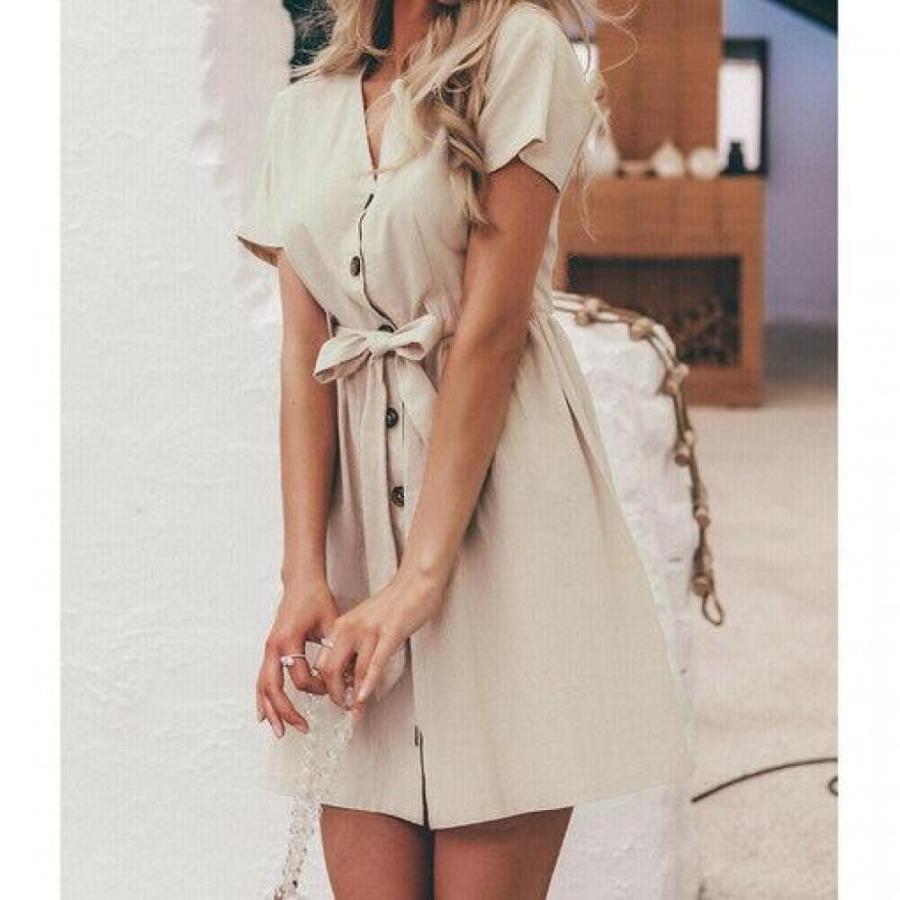 Fashion Women Boho Cotton Linen Sundress Ladies Summer Short Sleeve Holiday Beach Button Loose Solid Short Dress
