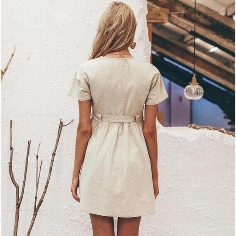 Fashion Women Boho Cotton Linen Sundress Ladies Summer Short Sleeve Holiday Beach Button Loose Solid Short Dress