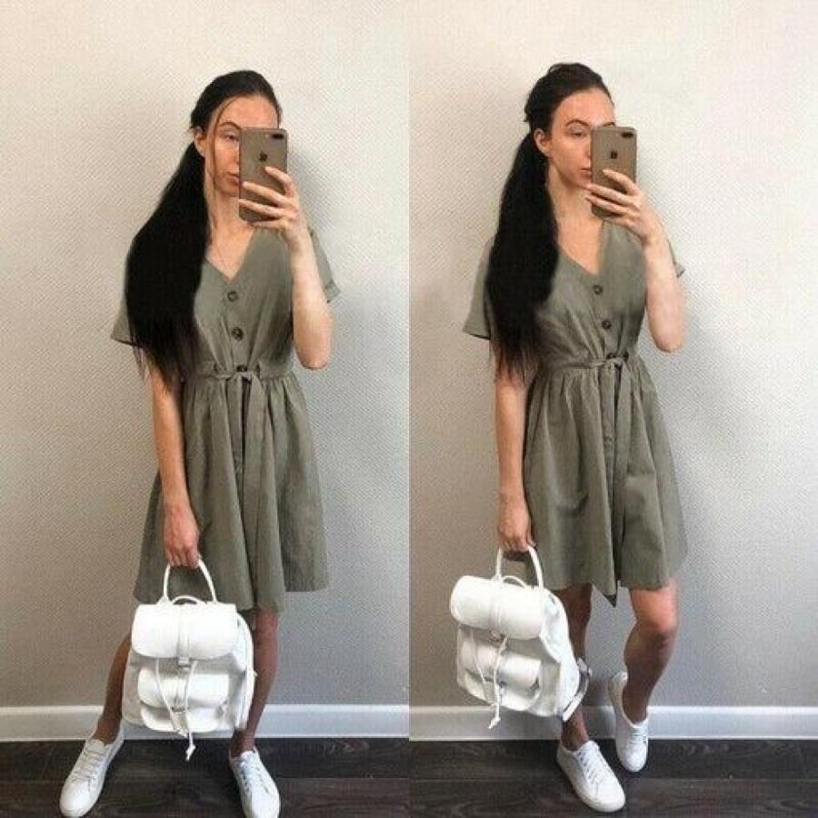 Fashion Women Boho Cotton Linen Sundress Ladies Summer Short Sleeve Holiday Beach Button Loose Solid Short Dress