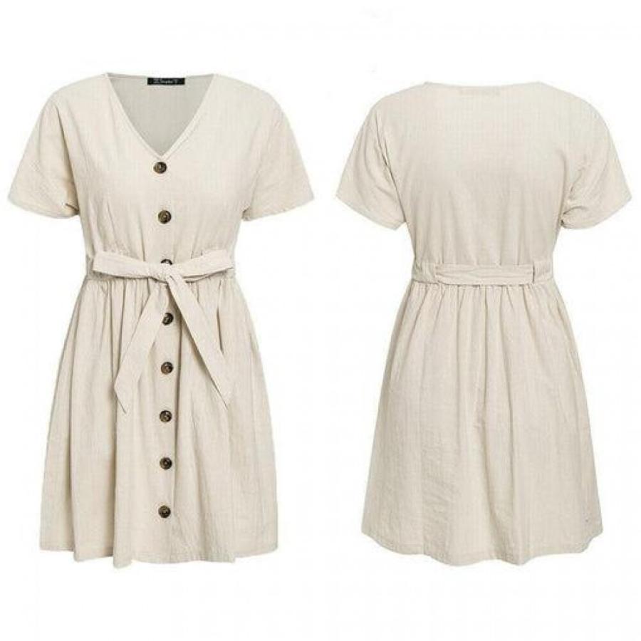 Fashion Women Boho Cotton Linen Sundress Ladies Summer Short Sleeve Holiday Beach Button Loose Solid Short Dress