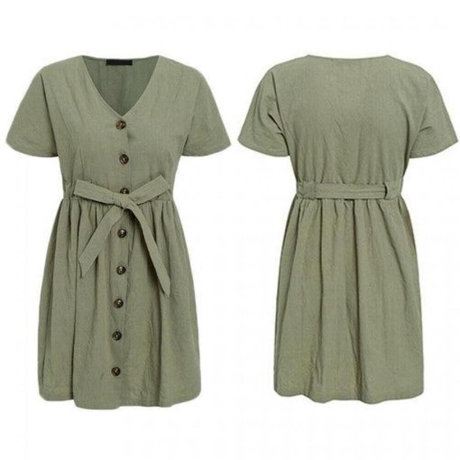 Fashion Women Boho Cotton Linen Sundress Ladies Summer Short Sleeve Holiday Beach Button Loose Solid Short Dress