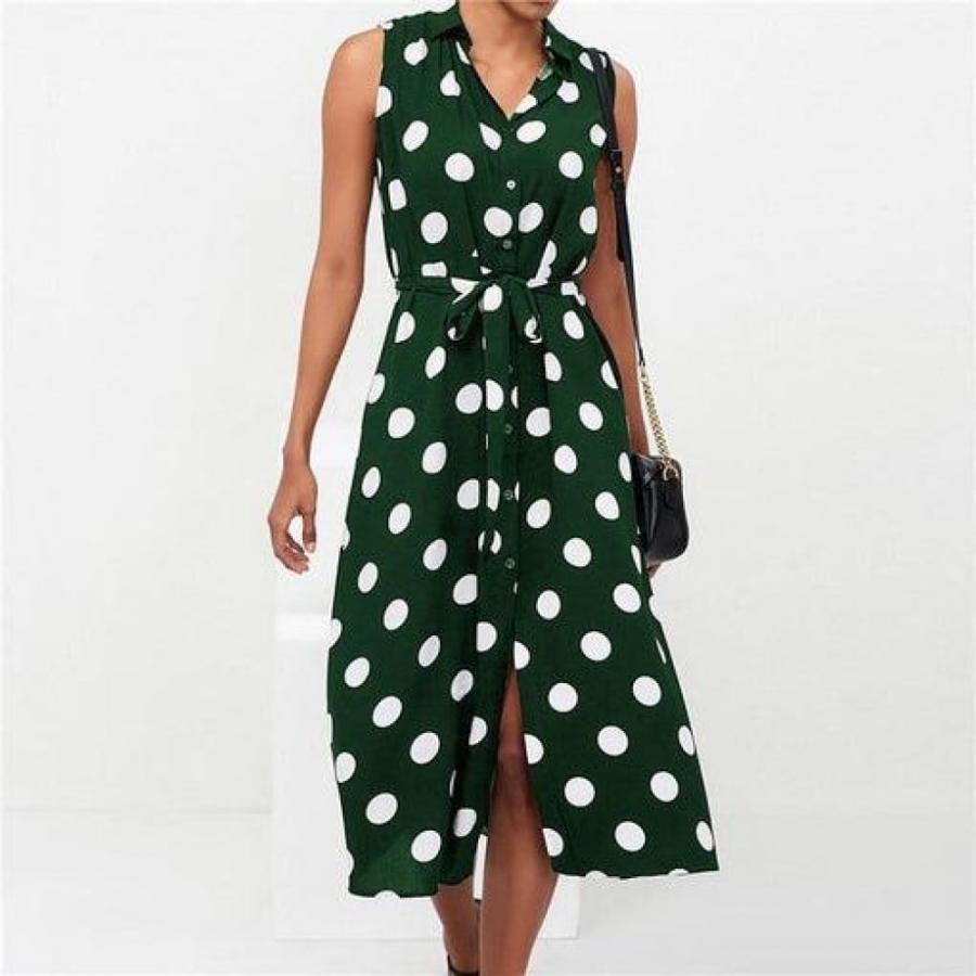 Fashion Women Boho Polka Dot Split Midi Shirt Dress Summer Ladies Sleeveless Beach Party Casual Sundress