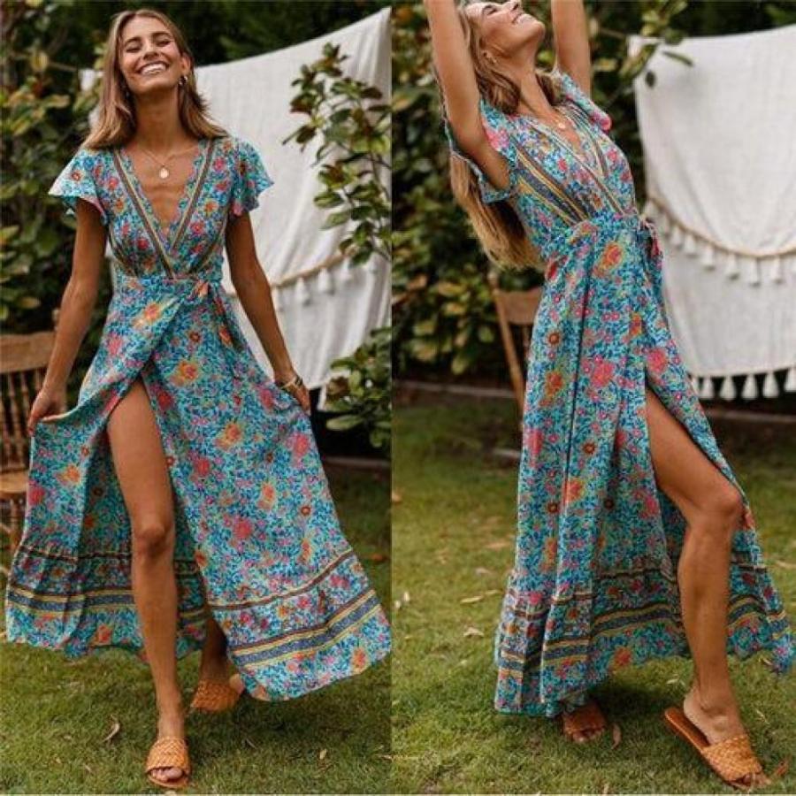 Holiday Long Dress Women's Boho Dresses Lady Boho Floral V-Neck Long Maxi Dress Summer Beachwear Sundress