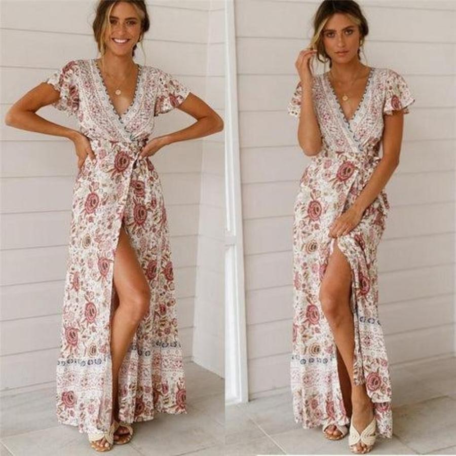 Holiday Long Dress Women's Boho Dresses Lady Boho Floral V-Neck Long Maxi Dress Summer Beachwear Sundress