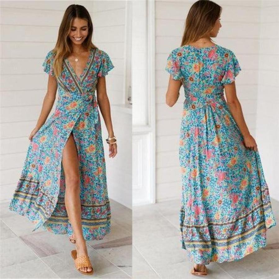 Holiday Long Dress Women's Boho Dresses Lady Boho Floral V-Neck Long Maxi Dress Summer Beachwear Sundress