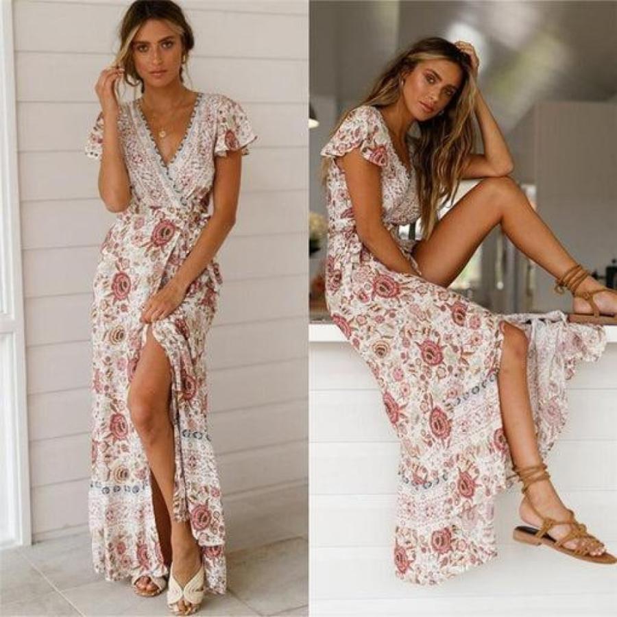 Holiday Long Dress Women's Boho Dresses Lady Boho Floral V-Neck Long Maxi Dress Summer Beachwear Sundress