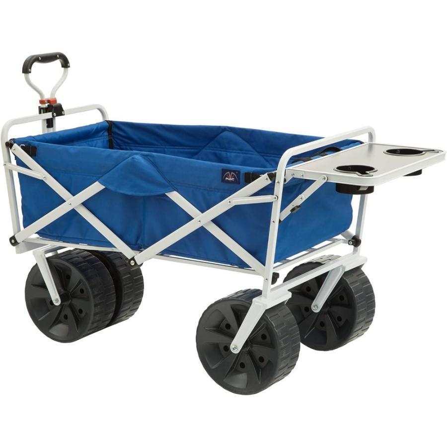 Macsports All Terrain Beach Wagon With Side Table/Heavy Duty Collapsible Folding Cart With Large Wheels For Beach Day, Picnic, Camping, Outdoor Activities / Blue/White
