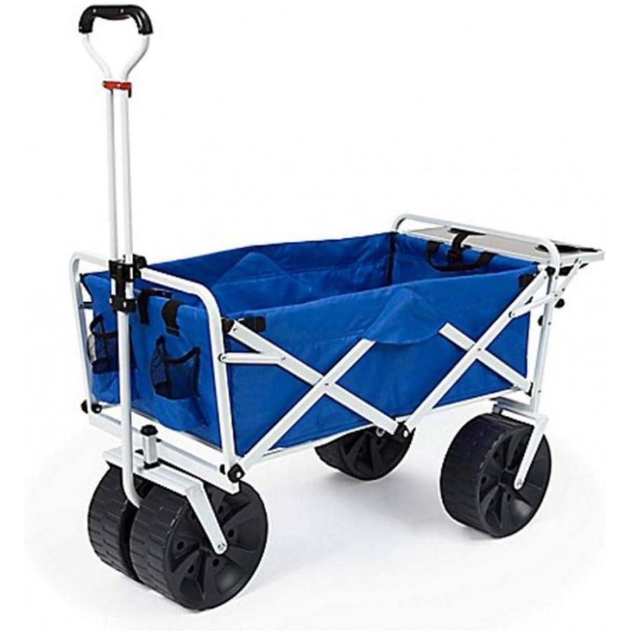 Macsports All Terrain Beach Wagon With Side Table/Heavy Duty Collapsible Folding Cart With Large Wheels For Beach Day, Picnic, Camping, Outdoor Activities / Blue/White