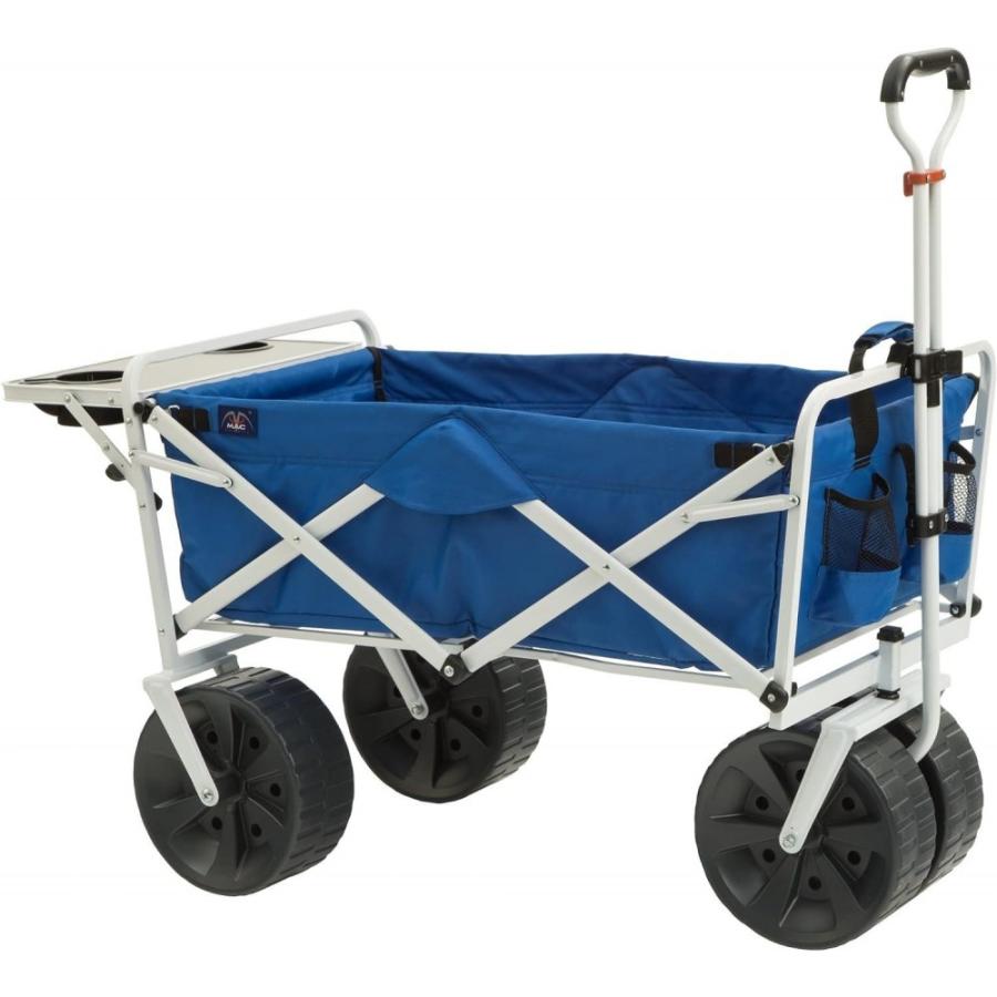 Macsports All Terrain Beach Wagon With Side Table/Heavy Duty Collapsible Folding Cart With Large Wheels For Beach Day, Picnic, Camping, Outdoor Activities / Blue/White