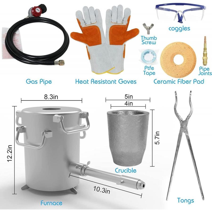 Propane Melting Furnace Kits, 6kg(13lb) Graphite Crucible, Up To 2372沈, Made Ofsteel Barrel, Smelt Metal,with Goggles And High Temperature Gloves