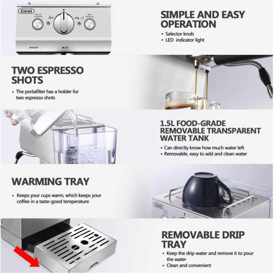 Silver Stainless Steel 15 Bar Espresso Machine 2 Shot Pump Cappuccino Maker