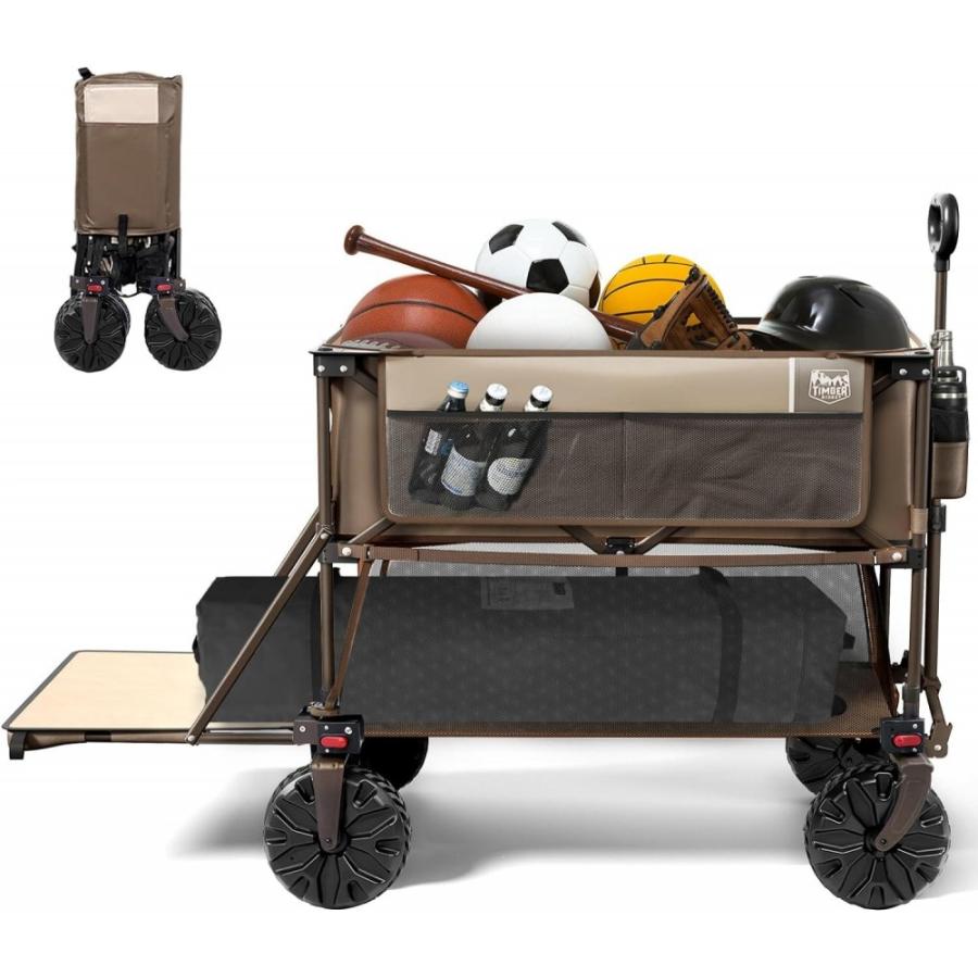 Timber Ridge 400l Large Capacity Folding Double Decker Wagon, 54 Extra Long Extender Wagon Cart, 450lbs Heavy Duty Collapsible Wagon, All-Terrain Big Wheels For Camping, Sports, Shopping, Brown