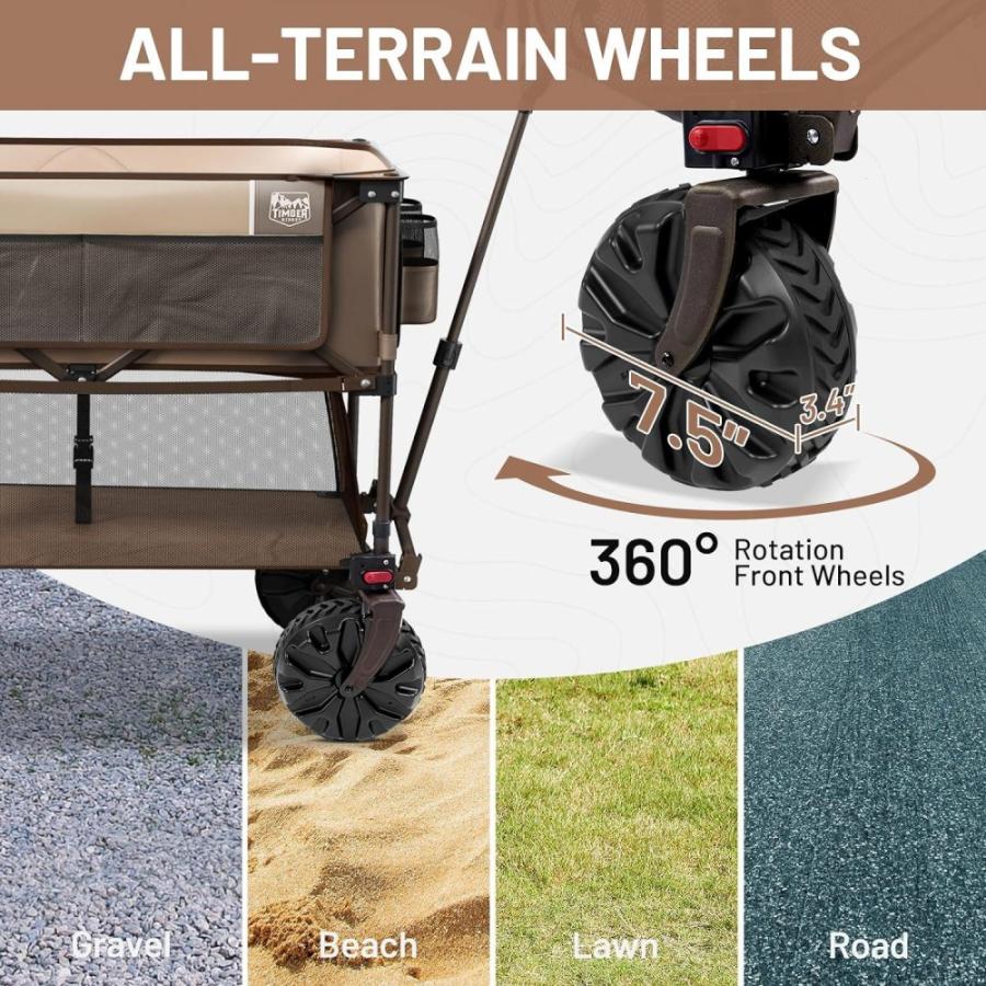 Timber Ridge 400l Large Capacity Folding Double Decker Wagon, 54 Extra Long Extender Wagon Cart, 450lbs Heavy Duty Collapsible Wagon, All-Terrain Big Wheels For Camping, Sports, Shopping, Brown