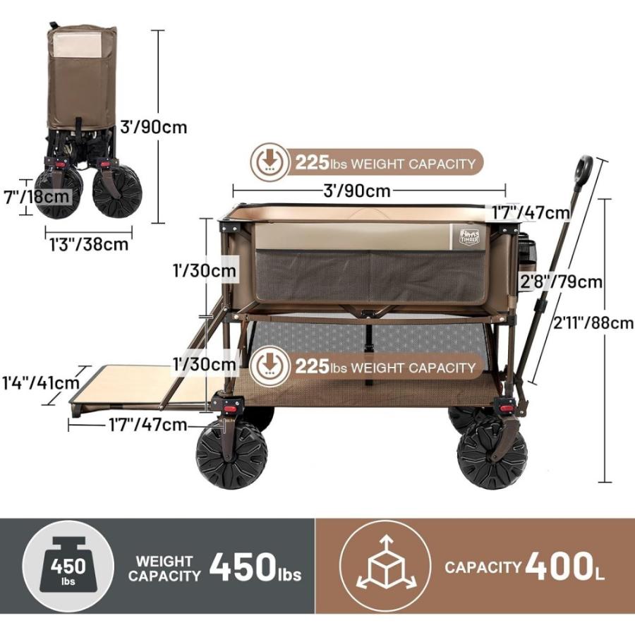 Timber Ridge 400l Large Capacity Folding Double Decker Wagon, 54 Extra Long Extender Wagon Cart, 450lbs Heavy Duty Collapsible Wagon, All-Terrain Big Wheels For Camping, Sports, Shopping, Brown