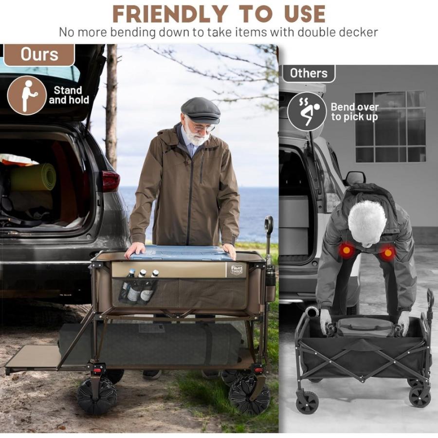 Timber Ridge 400l Large Capacity Folding Double Decker Wagon, 54 Extra Long Extender Wagon Cart, 450lbs Heavy Duty Collapsible Wagon, All-Terrain Big Wheels For Camping, Sports, Shopping, Brown