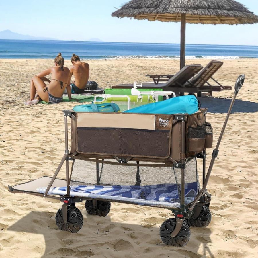 Timber Ridge 400l Large Capacity Folding Double Decker Wagon, 54 Extra Long Extender Wagon Cart, 450lbs Heavy Duty Collapsible Wagon, All-Terrain Big Wheels For Camping, Sports, Shopping, Brown
